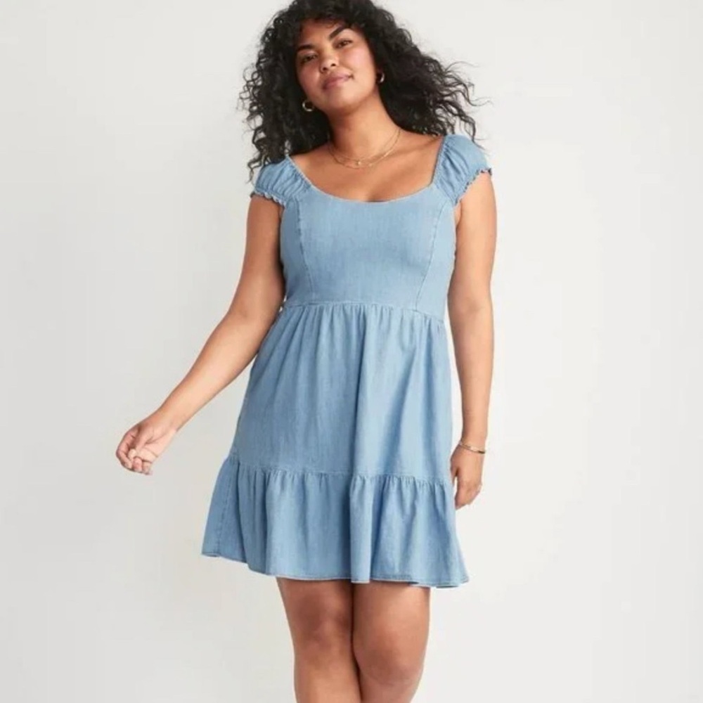 Old Navy Fit & Flare Puff-Sleeve Smocked Jean Mini Dress